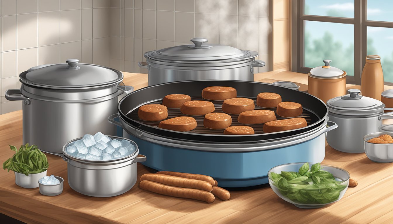 A large pot of andouille sausage simmering on a stovetop, steam rising, surrounded by bowls of ice water and airtight containers for storage