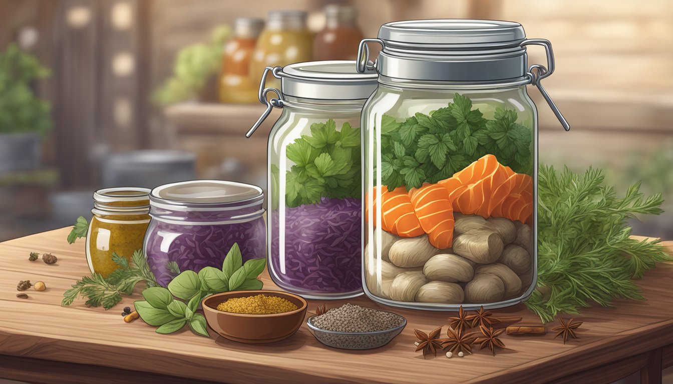 A glass jar filled with fermenting fish paste, surrounded by various herbs and spices on a wooden table