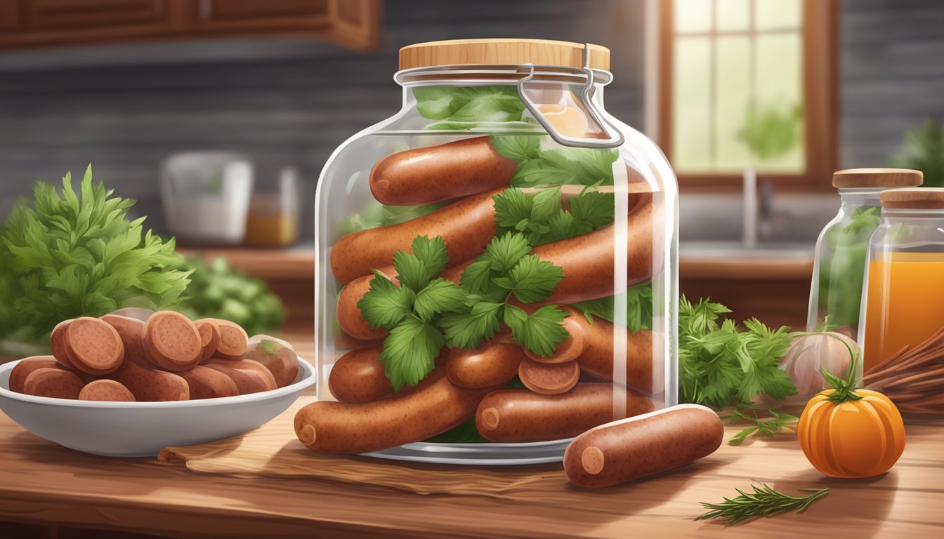 A glass jar filled with andouille sausage submerged in a brine solution, surrounded by herbs and spices on a wooden countertop