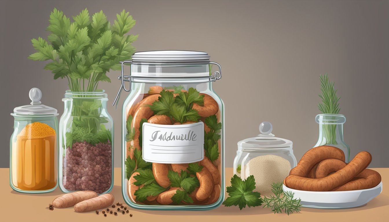 A glass jar filled with andouille sausage submerged in a brine solution, surrounded by various herbs and spices. A thermometer and fermentation airlock are visible on the jar lid