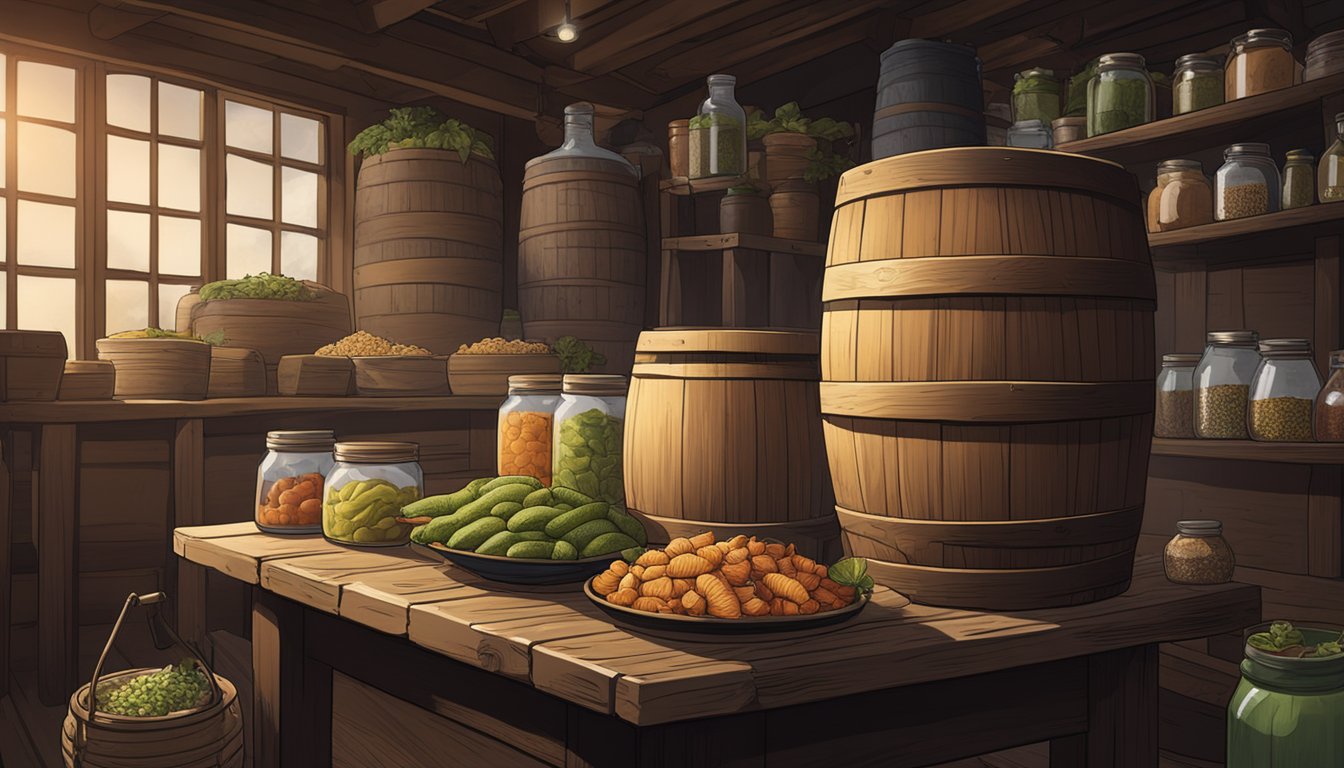 A wooden barrel filled with fish paste sits in a dimly lit room, surrounded by jars of fermenting ingredients and bubbling airlocks