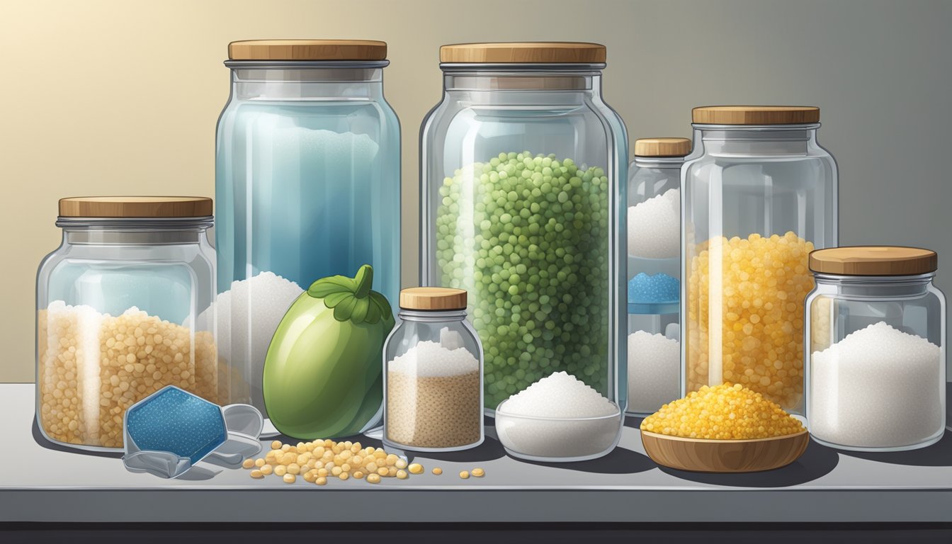 A glass jar filled with chuo, salt, and water, surrounded by various fermentation equipment like weights, lids, and airlocks