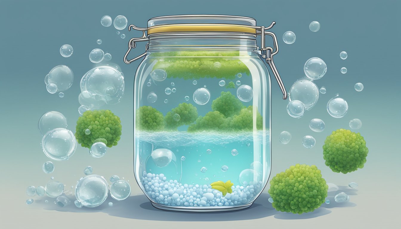 A glass jar filled with chuo submerged in a brine solution, bubbles rising to the surface as the fermentation process begins