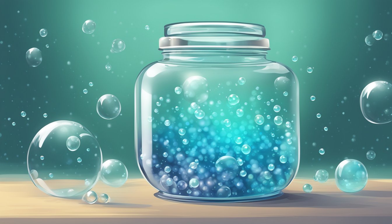 A glass jar filled with bakhaaru submerged in water, surrounded by bubbles and a faint aroma