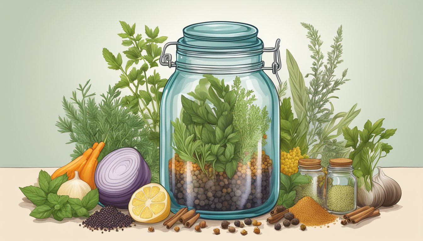 A glass jar filled with fermenting chuo surrounded by various herbs and spices