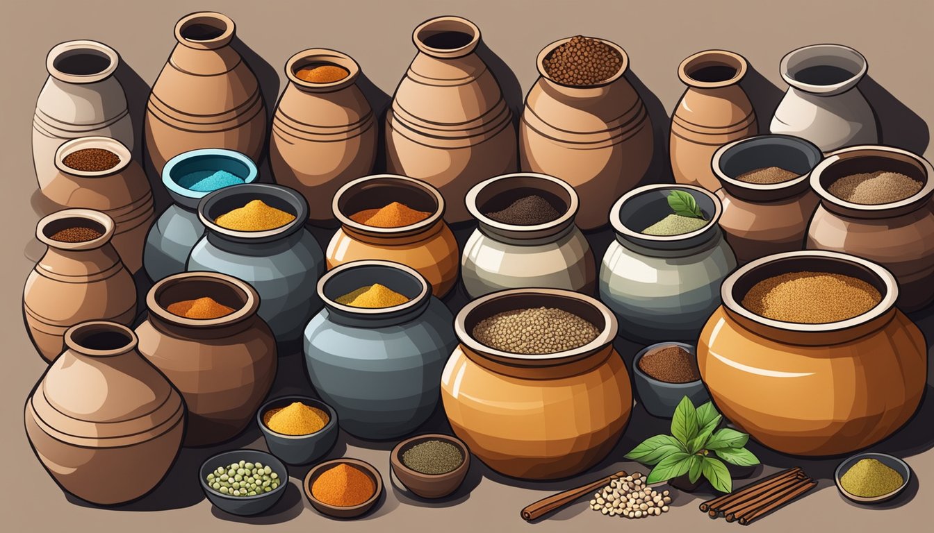 A collection of clay pots filled with ingredients, surrounded by various spices and utensils for fermenting bakhaaru