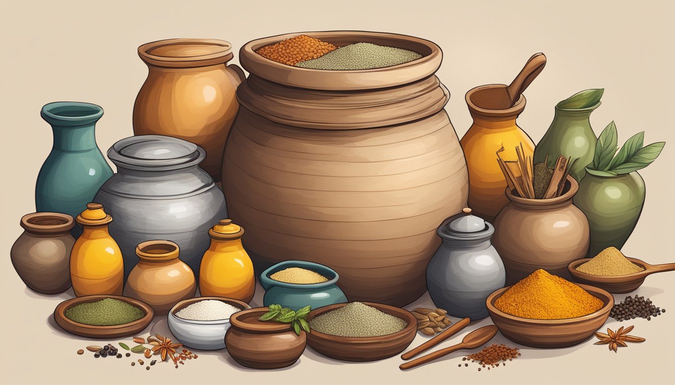 A large clay jar filled with bakhaaru ingredients bubbling and fermenting, surrounded by various spices and utensils