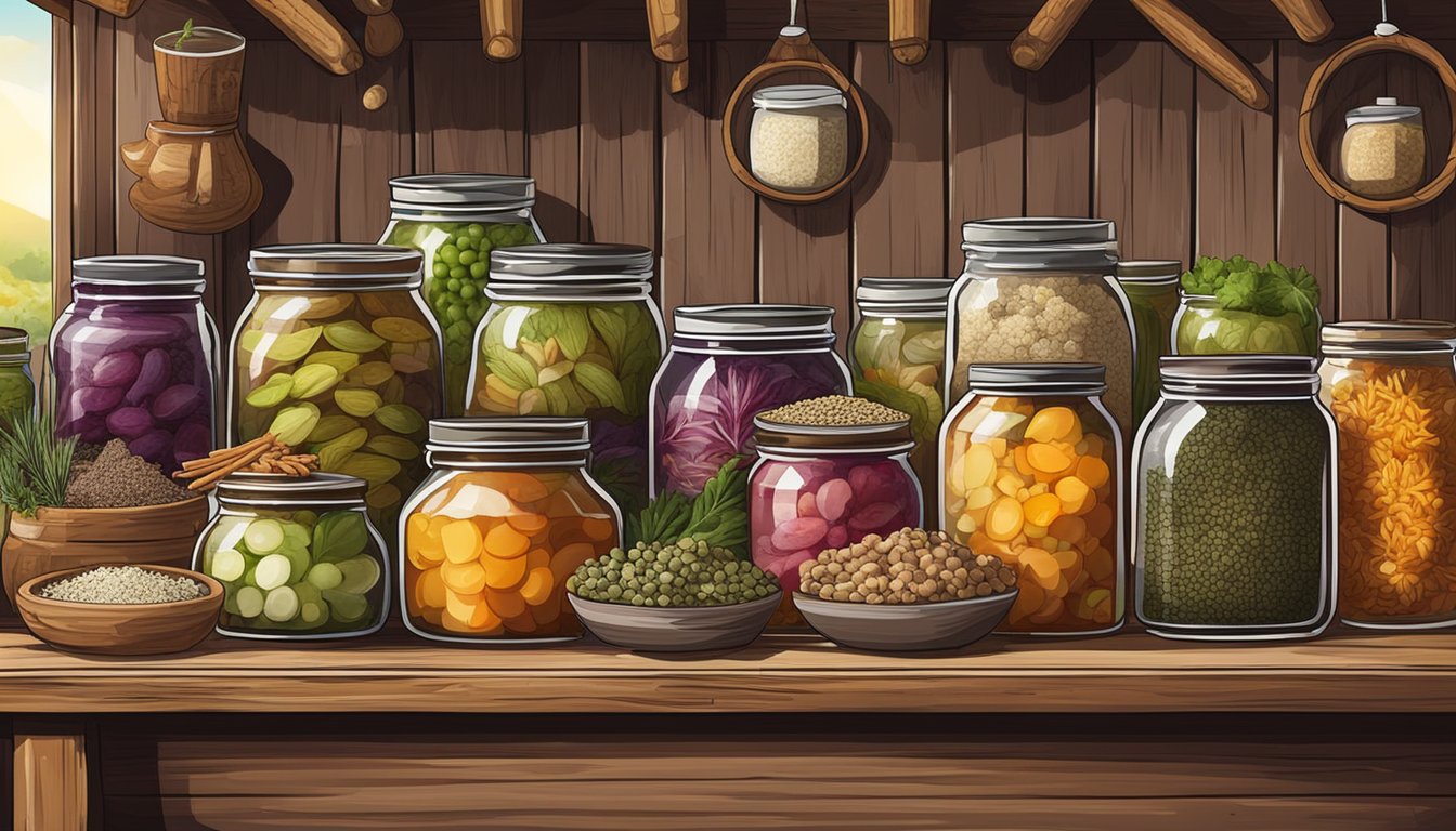 A variety of fermented foods displayed on a rustic wooden table, including jars of bakhaaru surrounded by ingredients like spices and vegetables