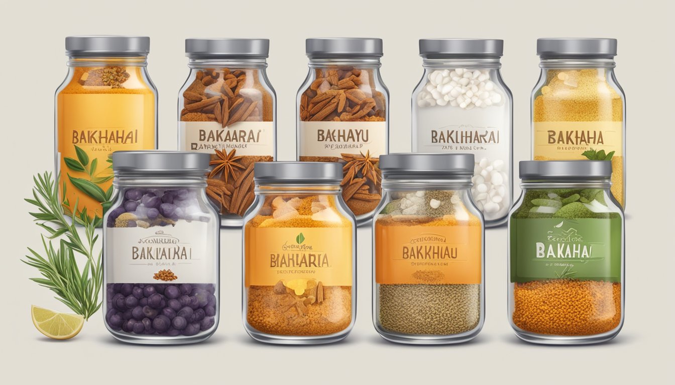 A glass jar filled with bakhaaru, surrounded by various flavoring and customization ingredients such as spices, fruits, and herbs