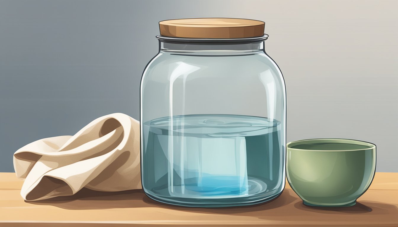 A glass jar filled with bakhaaru sits on a kitchen counter, covered with a cloth secured by a rubber band. A small bowl of water is placed nearby for added humidity