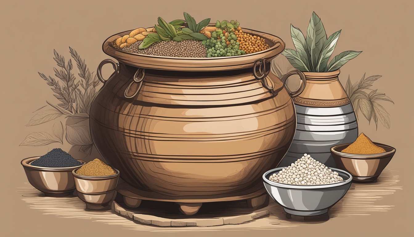 A large clay pot filled with bakhaaru fermenting in a warm, dark room, surrounded by various spices and ingredients used in the fermentation process