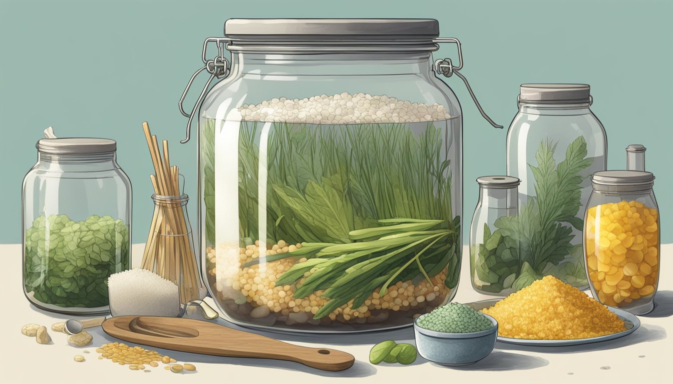 A large glass jar filled with chopped chuo submerged in a brine solution, surrounded by various fermentation tools and ingredients