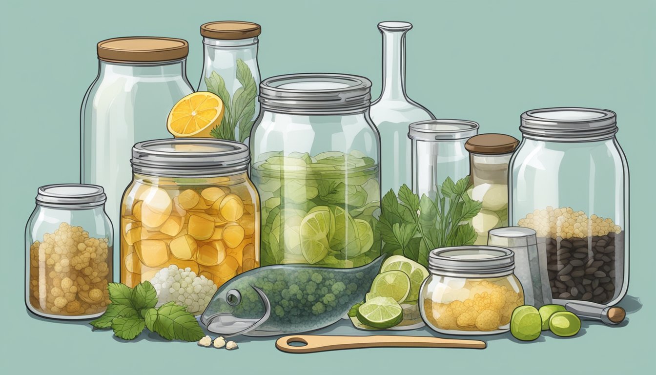 A glass jar filled with chuo submerged in a brine solution, surrounded by various fermentation tools and ingredients