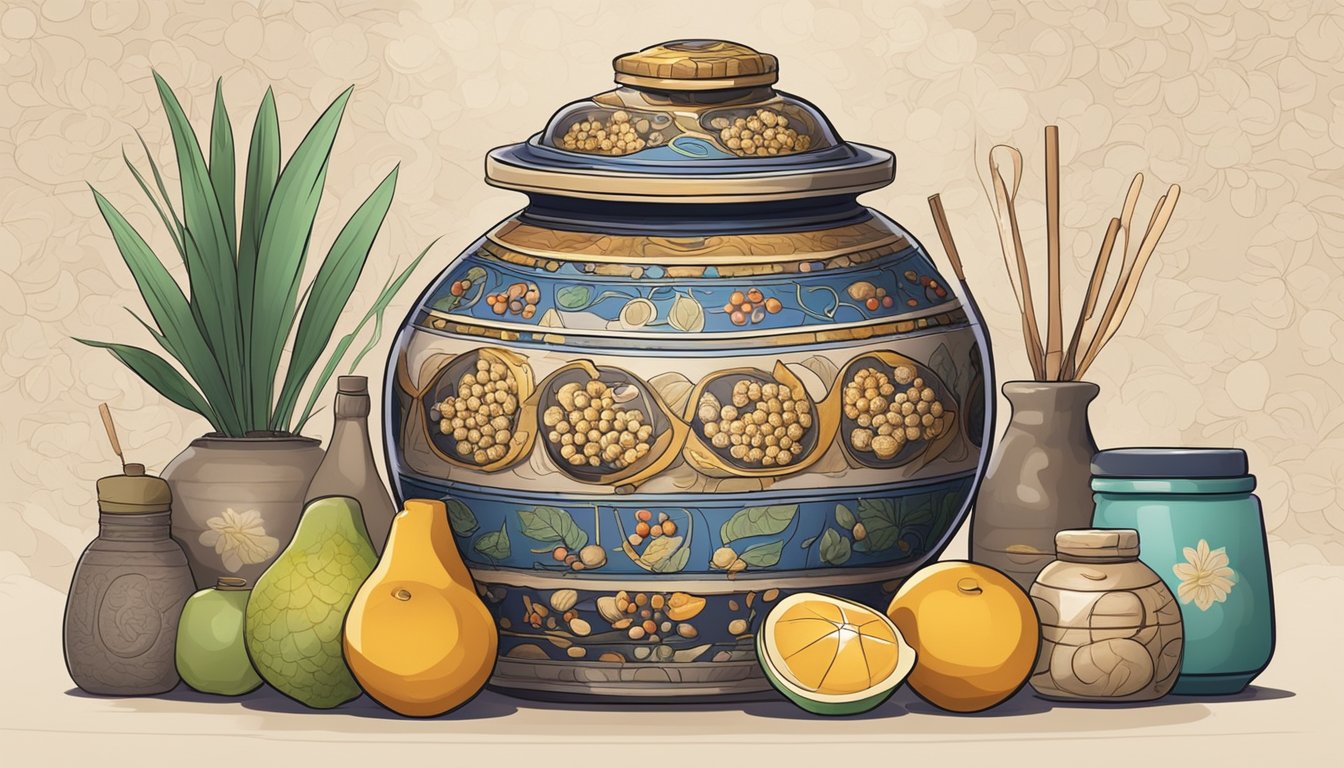 A large ceramic jar filled with chuo, surrounded by various ingredients and tools for the fermentation process, set against a backdrop of traditional cultural symbols