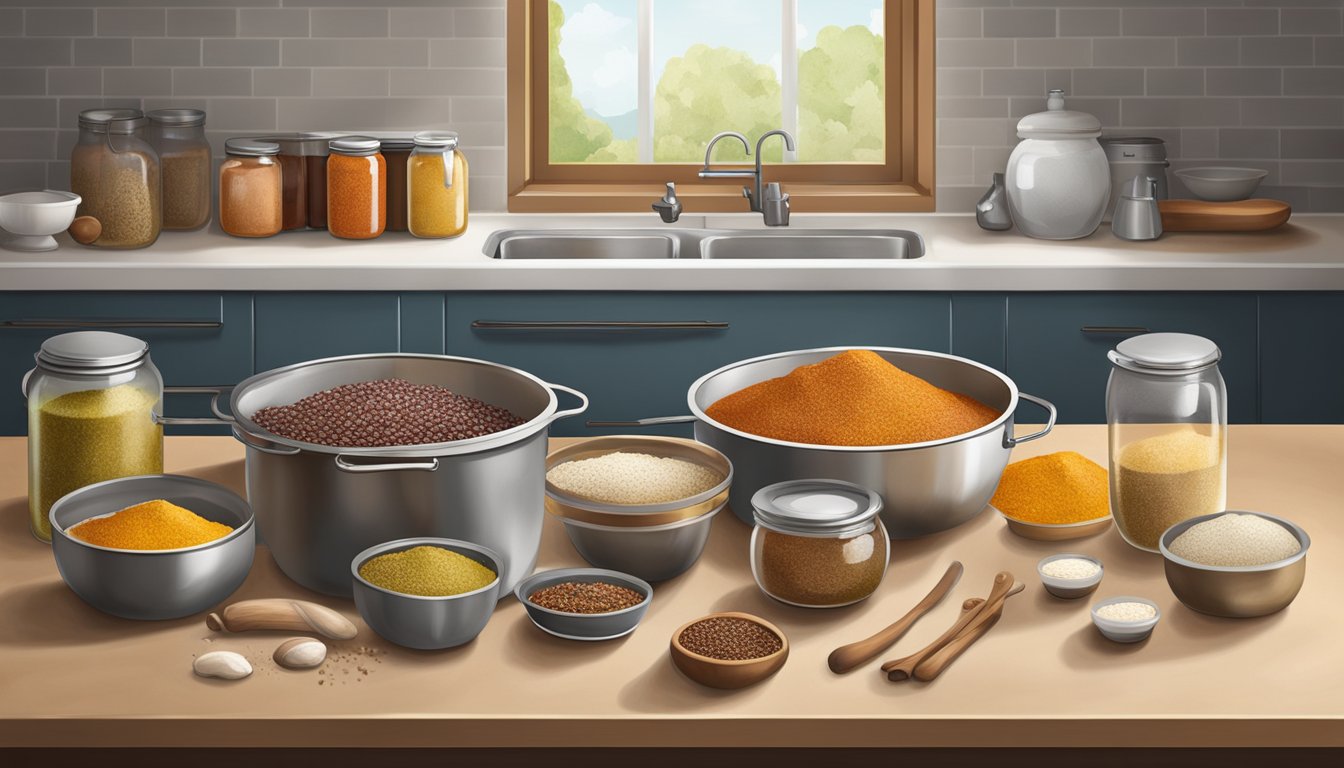 A kitchen counter with various ingredients and tools for fermenting andouille sausage, including spices, casings, and a fermentation vessel