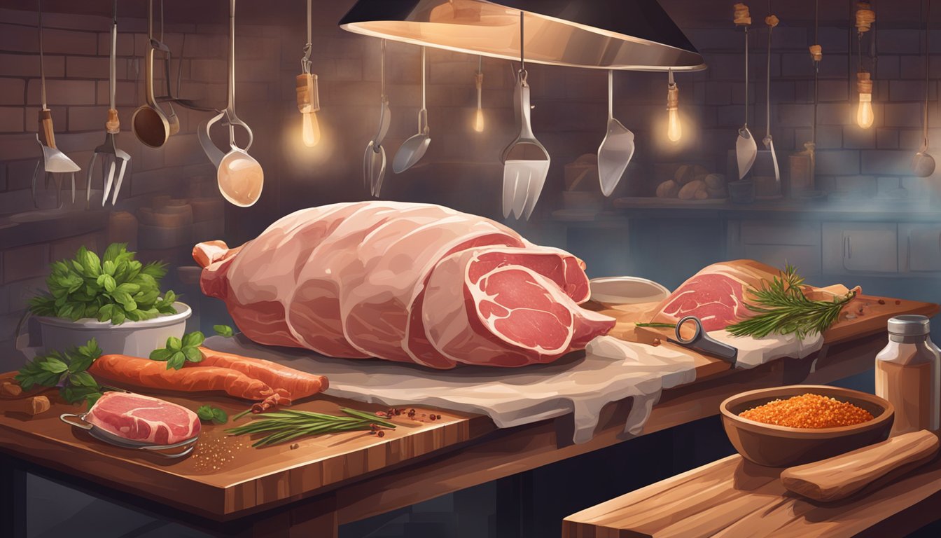 A butcher's table with a whole leg of pork being rubbed with salt and spices, surrounded by hanging herbs and curing equipment