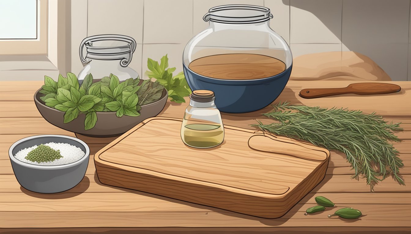 A wooden cutting board with a whole lonzino, salt, and various herbs and spices laid out next to a bowl of water and a fermentation vessel