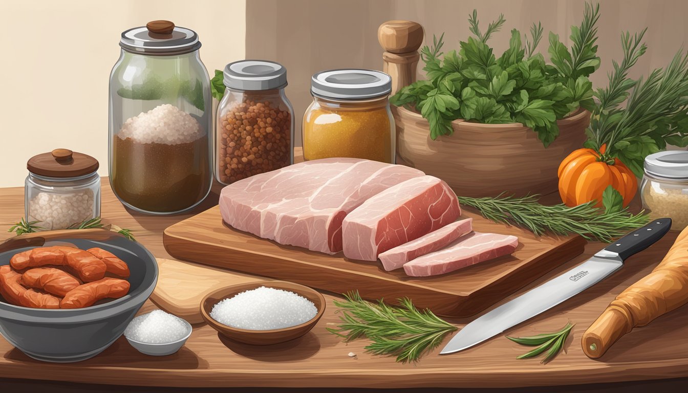 A clean kitchen counter with a cutting board, knife, and a piece of lonzino meat, surrounded by jars of salt, herbs, and spices