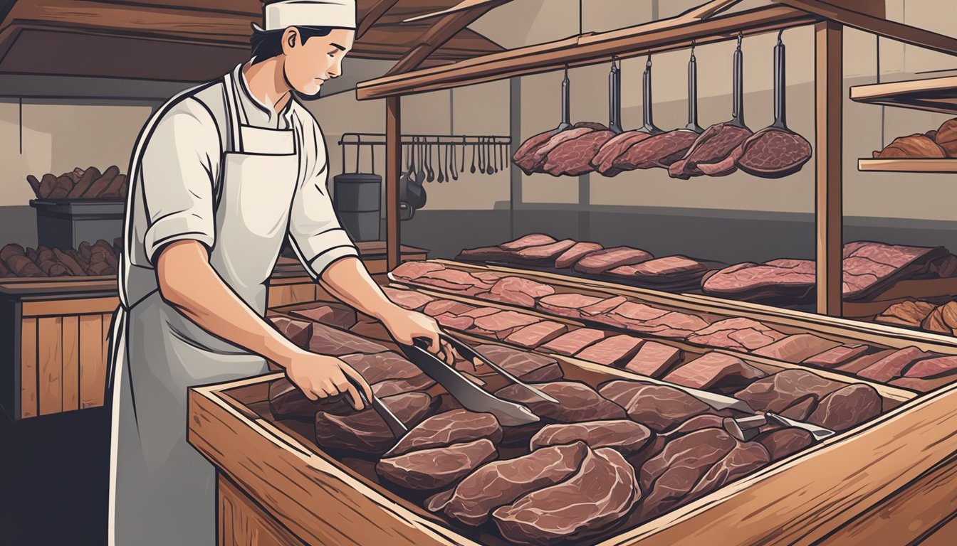 A butcher carefully selects and trims high-quality meat before placing it in a wooden box to ferment into biltong