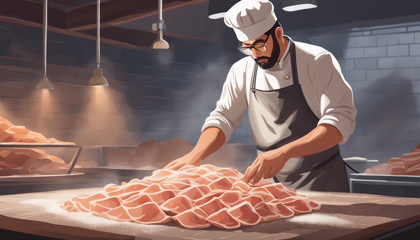 A large piece of prosciutto hangs in a cool, dimly lit room, surrounded by piles of coarse salt. A person in a white apron carefully rubs the salt into the meat