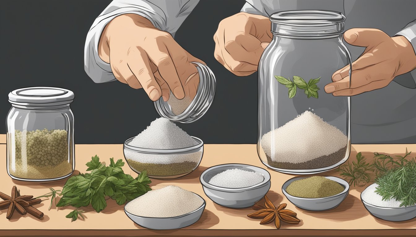 A piece of lonzino being carefully placed into a glass jar filled with a mixture of salt, herbs, and spices, ready to be fermented