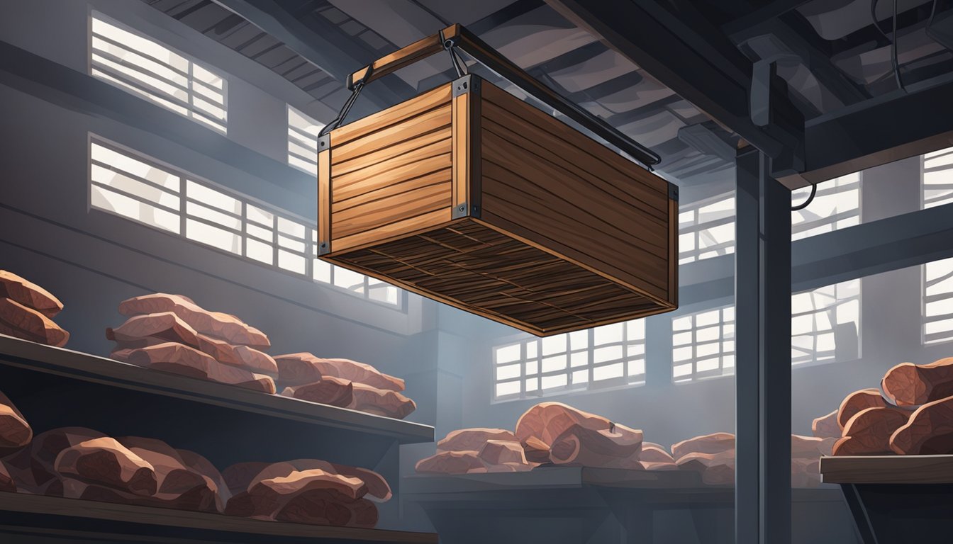 A wooden box filled with seasoned meat hangs from the ceiling in a cool, dark room, surrounded by air vents for proper airflow