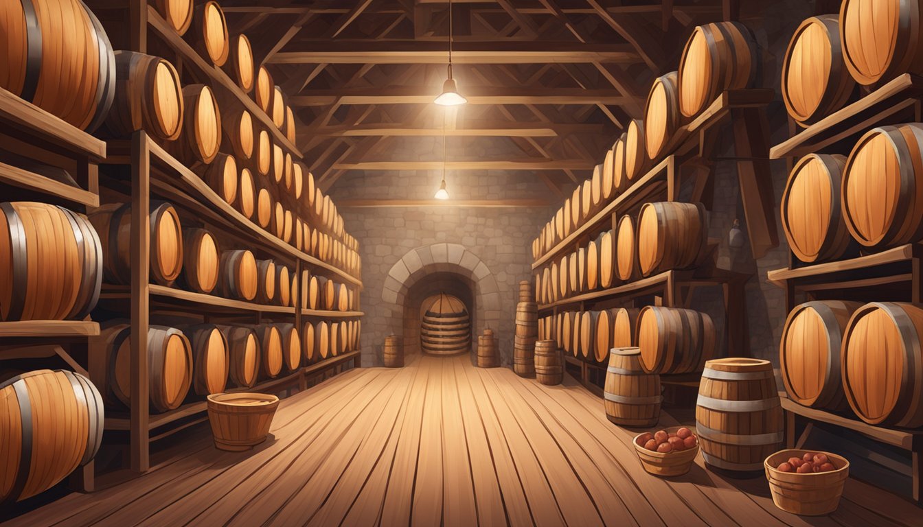 A traditional cellar with rows of hanging Jamón Ibérico, surrounded by oak barrels and tools for fermenting the meat