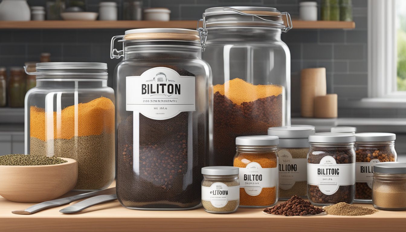 A jar of biltong sits on a kitchen counter, surrounded by jars of spices, vinegar, and salt. A mesh cover allows air to circulate as the biltong ferments