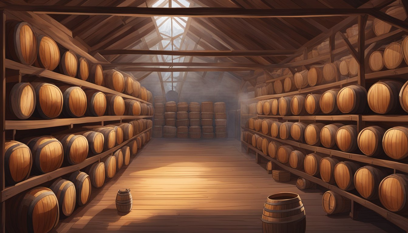 A rustic cellar filled with rows of hanging jamón ibérico, surrounded by wooden barrels and traditional fermentation equipment