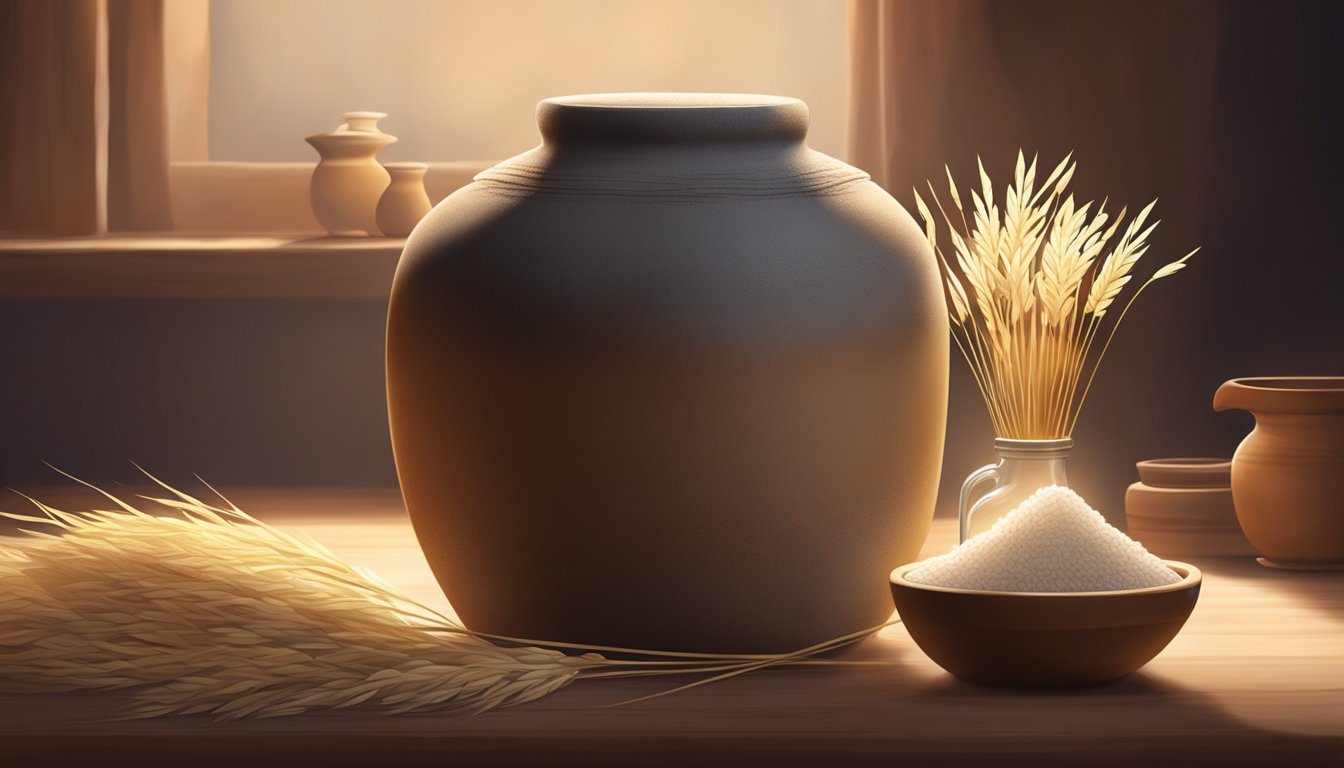 A clay jar filled with rice and yeast, covered with a cloth, sits in a warm, dimly lit room. A faint aroma of fermentation fills the air