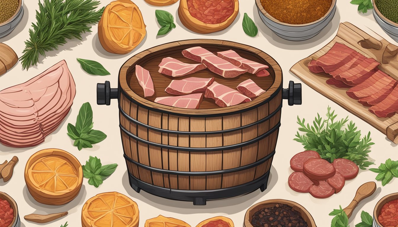 A wooden barrel filled with Jamón Ibérico surrounded by various herbs and spices, with a lid slightly ajar to allow for the fermenting process