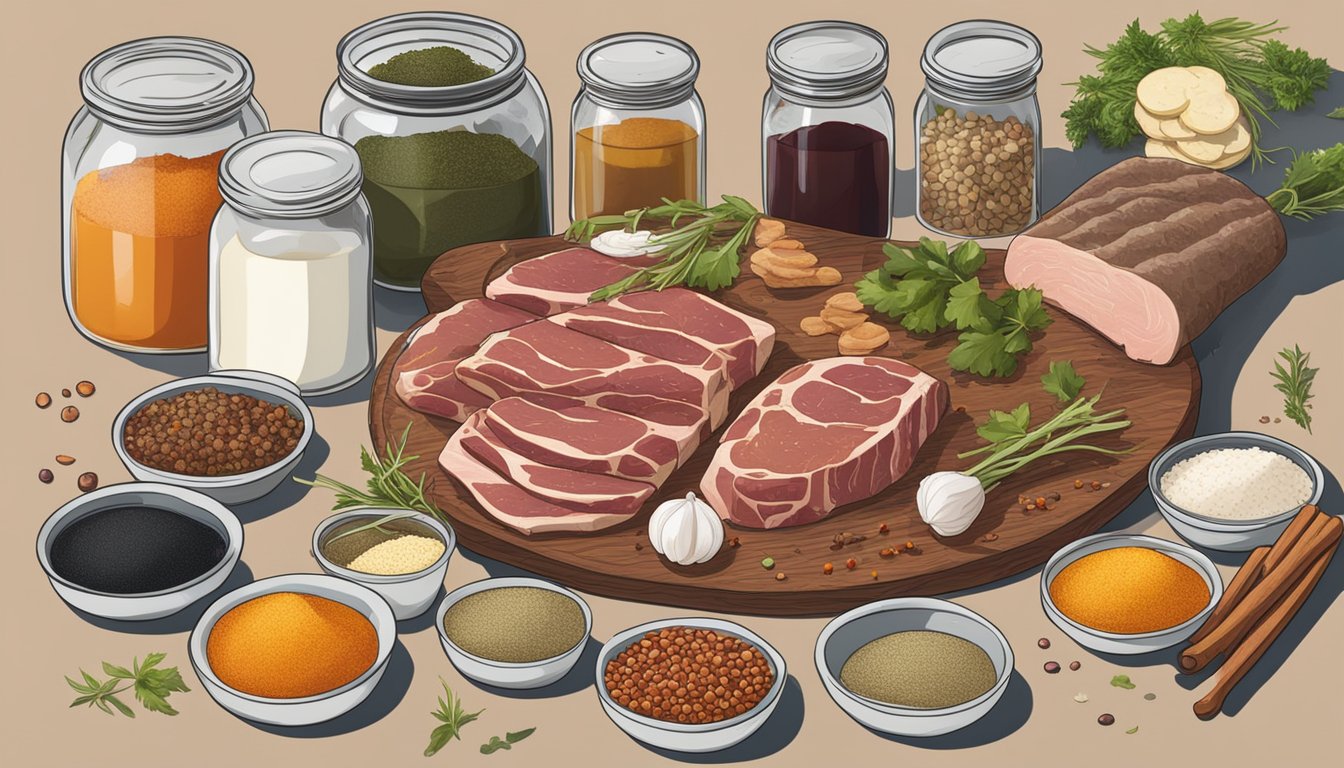 A table with various ingredients and spices laid out, alongside a bowl of sliced meat and a jar of fermenting liquid