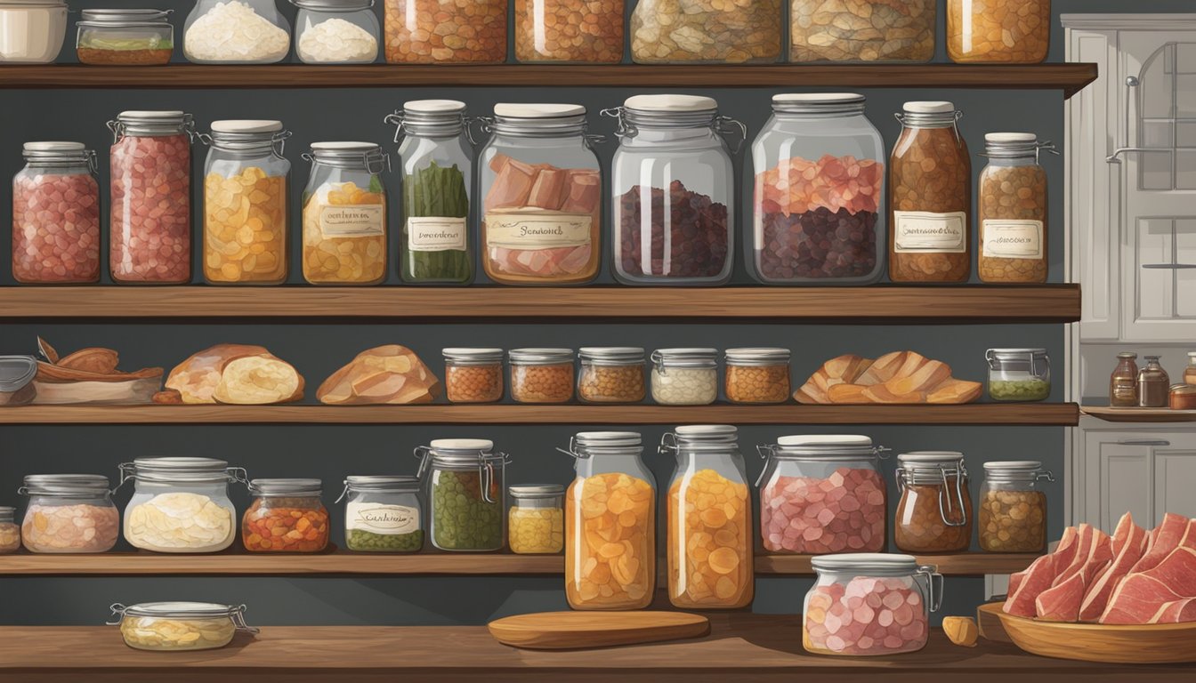 A rustic kitchen with various jars of regional ingredients and denominations, including Iberian ham, set out for fermenting into jamón ibérico