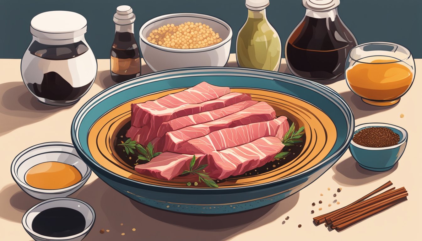 A bowl filled with soy sauce, vinegar, spices, and strips of raw meat, sitting on a kitchen counter