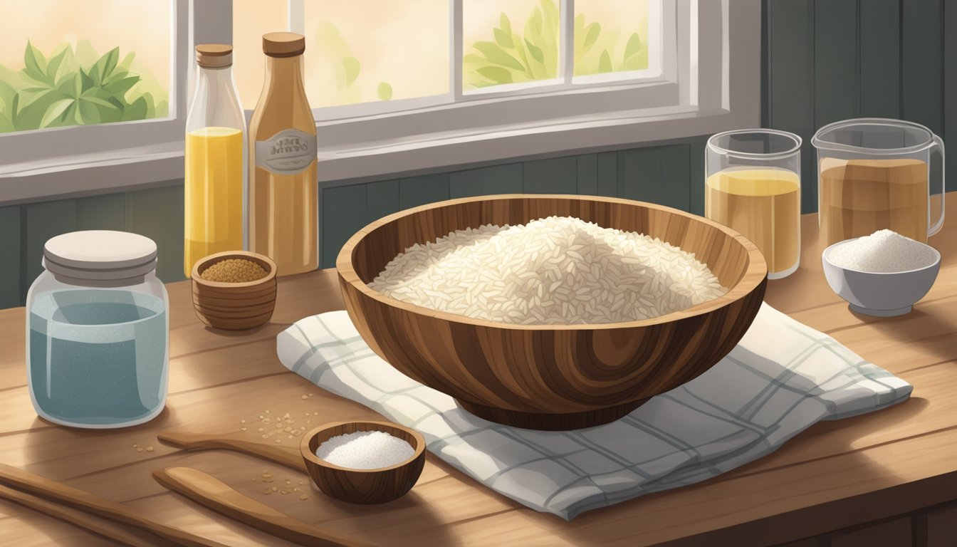 A wooden bowl filled with brem ingredients: rice, yeast, and water. A cloth covers the bowl as it sits on a kitchen counter