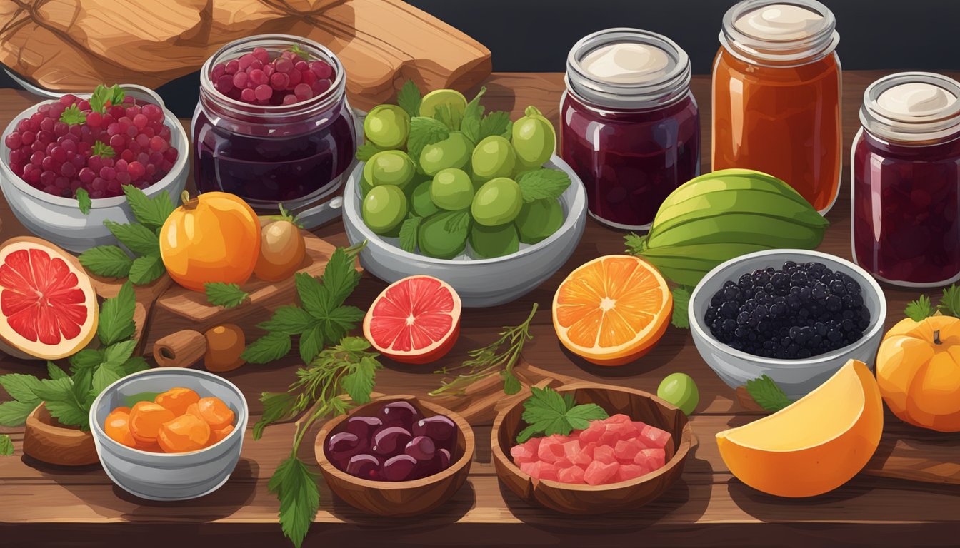 A rustic wooden table with a variety of colorful fruits, jars of jam, and small bowls of fermented jamón ibérico, surrounded by fresh herbs and spices