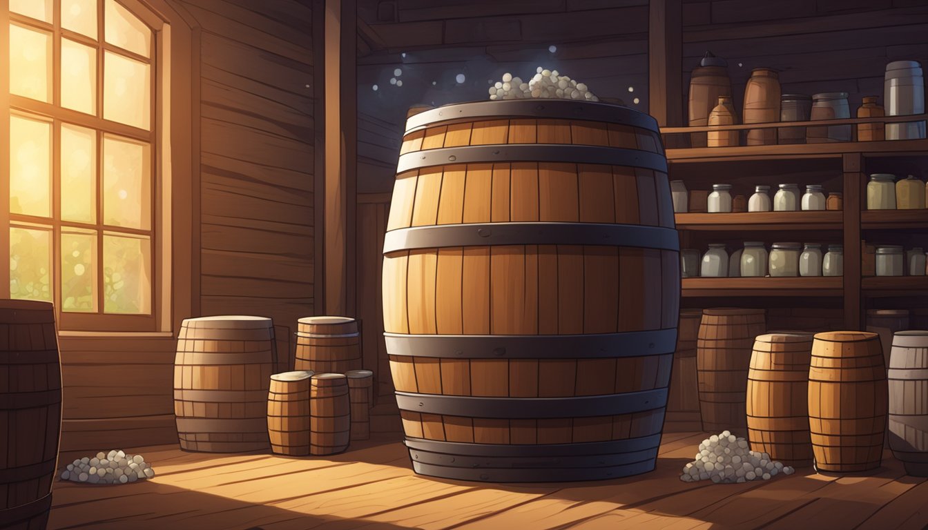 A wooden barrel filled with brem ingredients sits in a warm, dimly lit room. Bubbling airlock indicates active fermentation