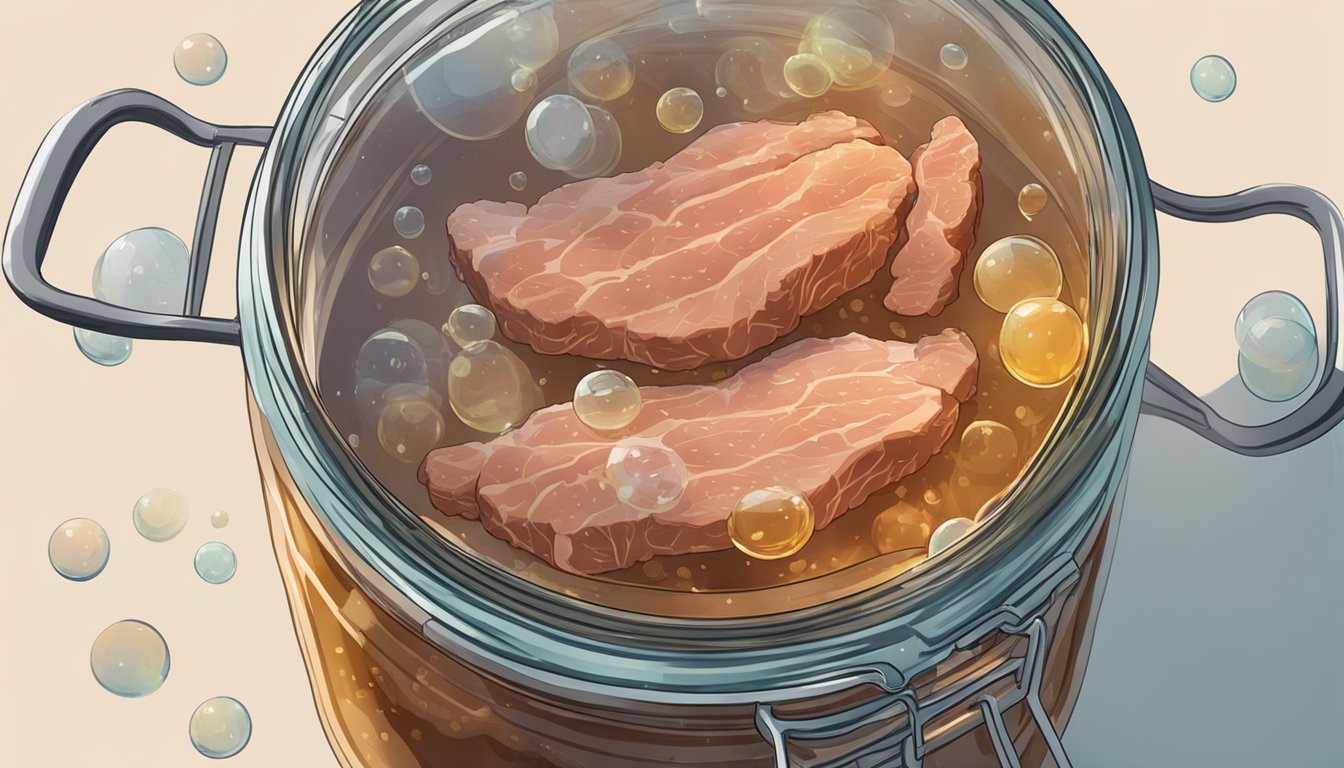 A glass jar filled with seasoned meat submerged in a brine solution, bubbles rising to the surface as the fermentation process begins