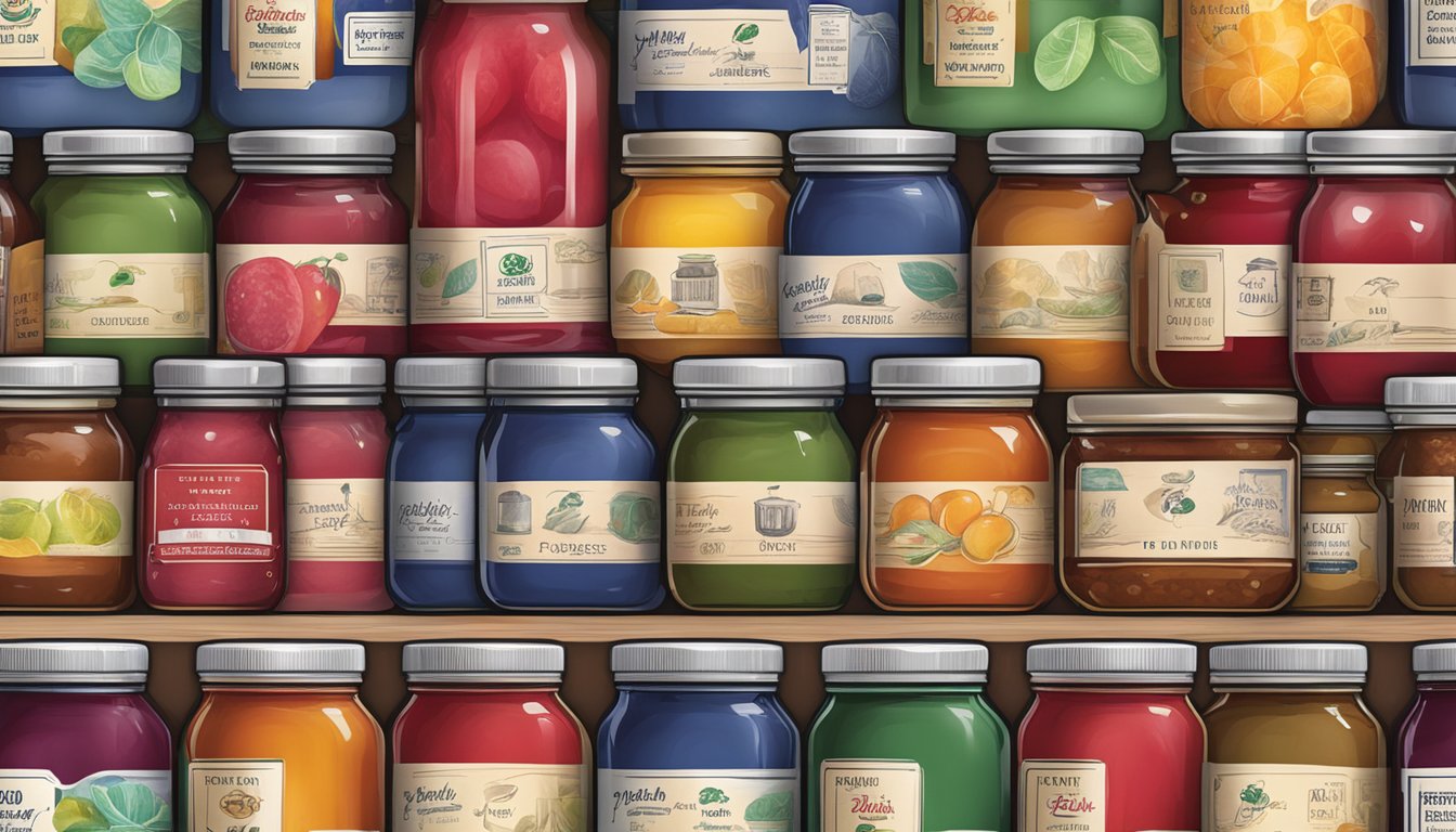 A shelf filled with jars of jam, each bearing a certification label and recognizable brand logo