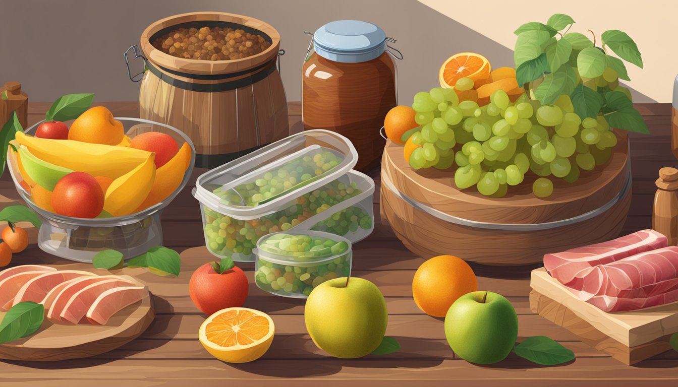 A wooden table with assorted fruits, jars, and utensils for making jamón ibérico. A compost bin and recycling bins are nearby