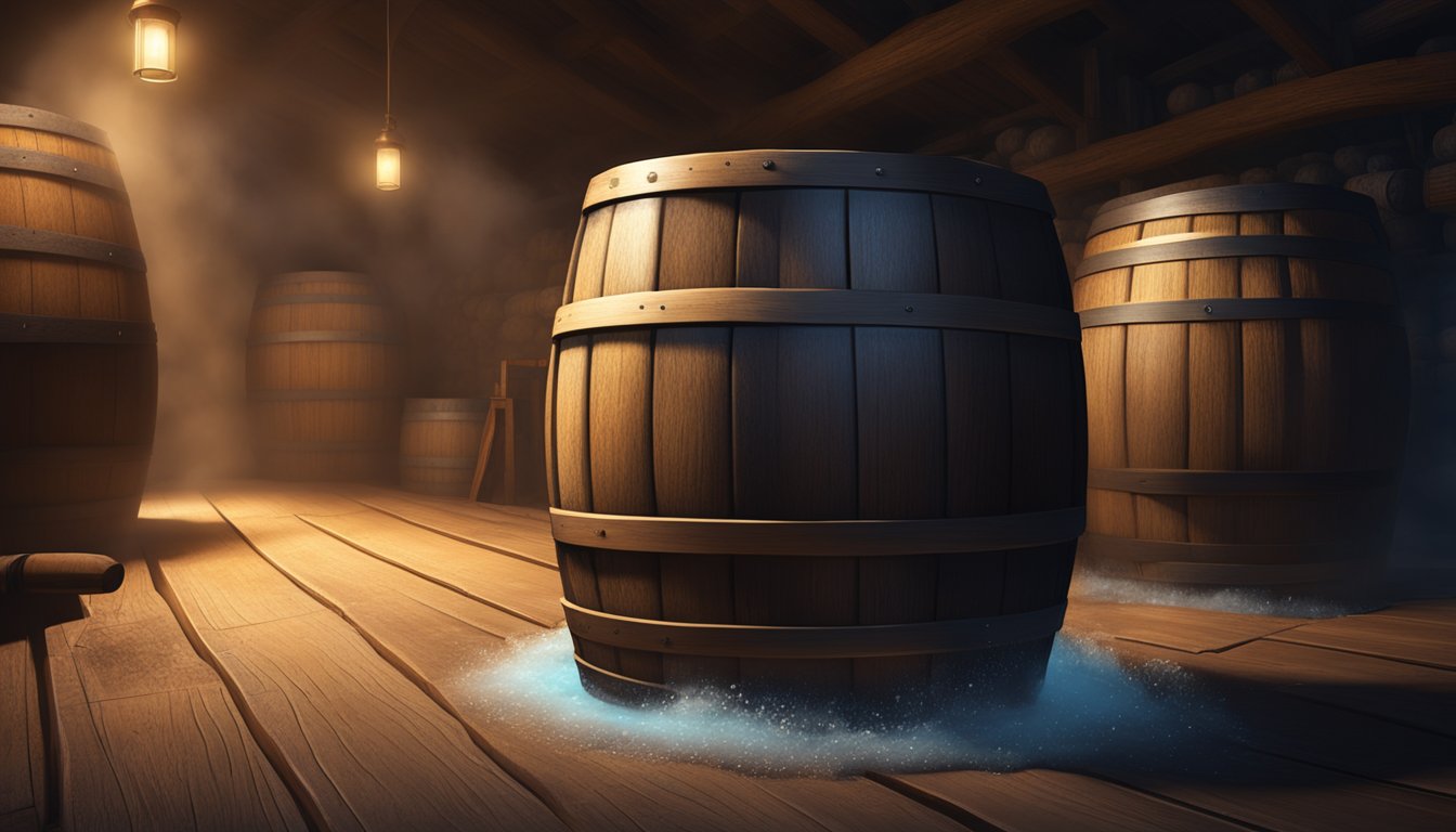 A wooden barrel sits in a dimly lit cellar, filled with bubbling liquid. A small stream of vapor rises from the top, indicating the fermentation process