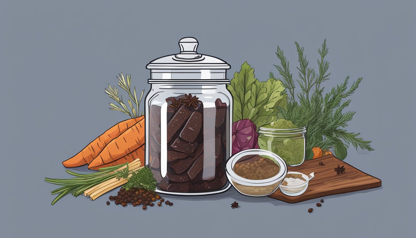 Homemade jerky sits in a glass jar with a lid, surrounded by various fermenting ingredients such as herbs, spices, and vinegar