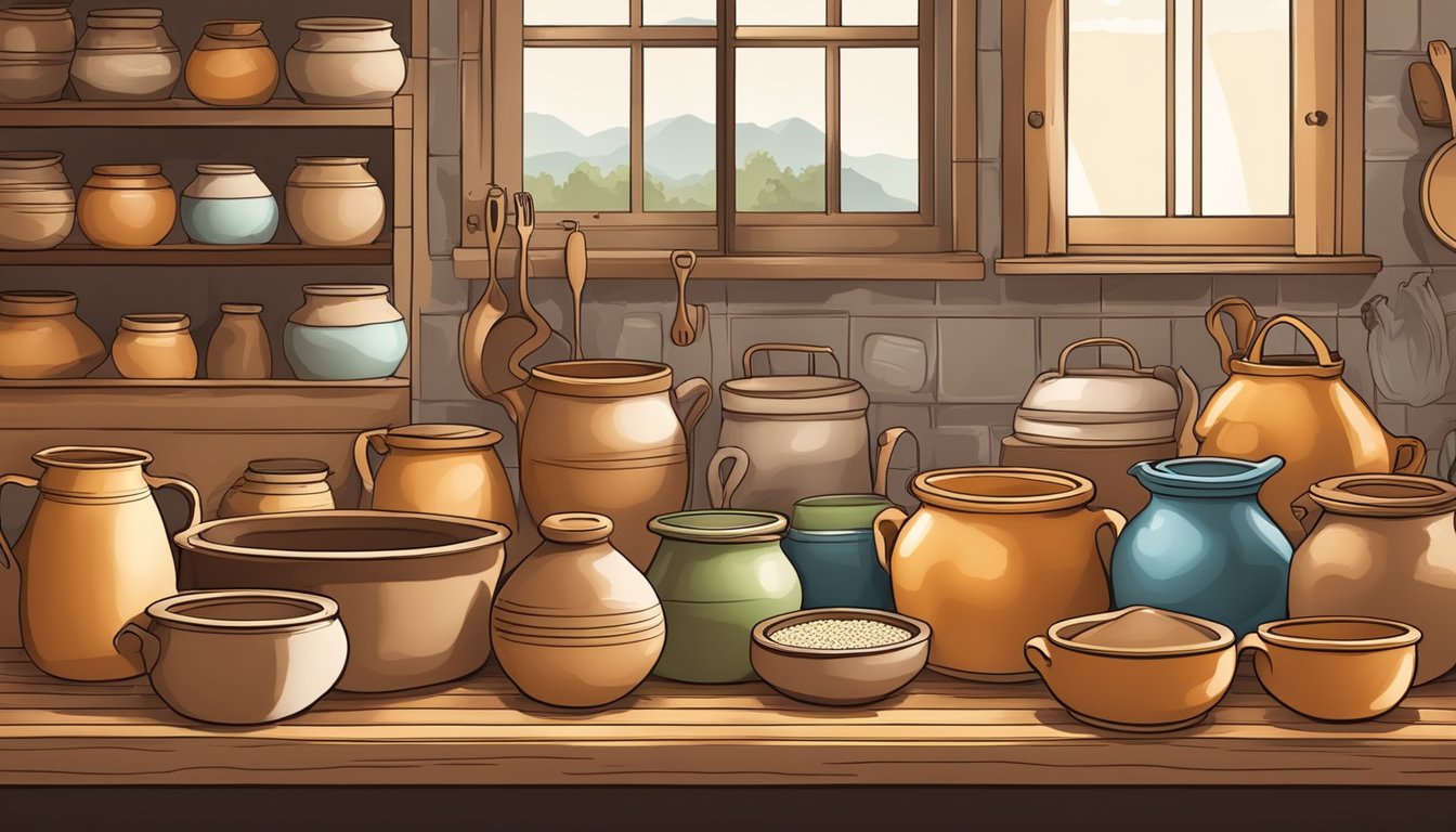 A rustic kitchen with clay pots and wooden utensils, showcasing the process of fermenting brem