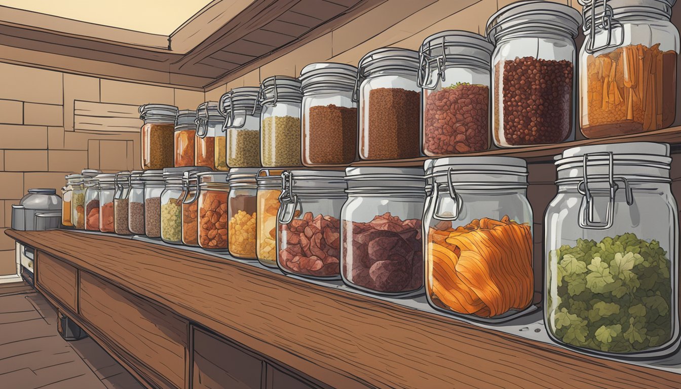 A variety of meats and seasonings sit in jars, surrounded by bubbling fermentation tanks. The room is filled with the rich aroma of curing jerky