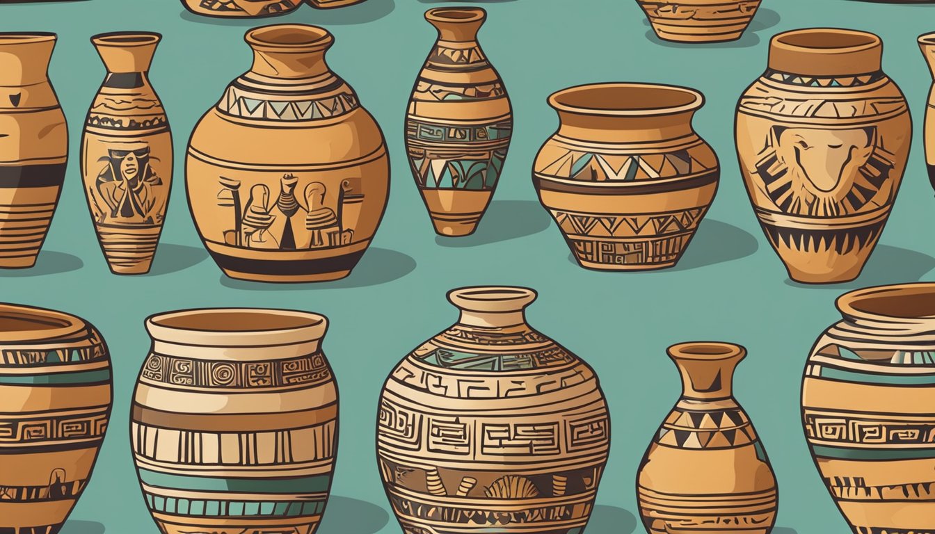 A group of clay pots filled with fermenting bouza, surrounded by ancient Egyptian hieroglyphics and symbols, representing the historical and cultural significance of the traditional beverage