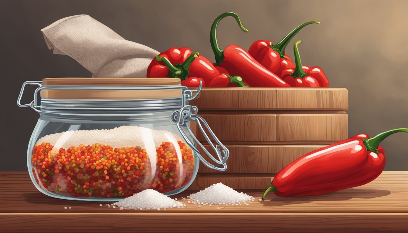 A glass jar filled with ground pork, Calabrian chili peppers, and salt, sitting on a wooden shelf with a cloth covering