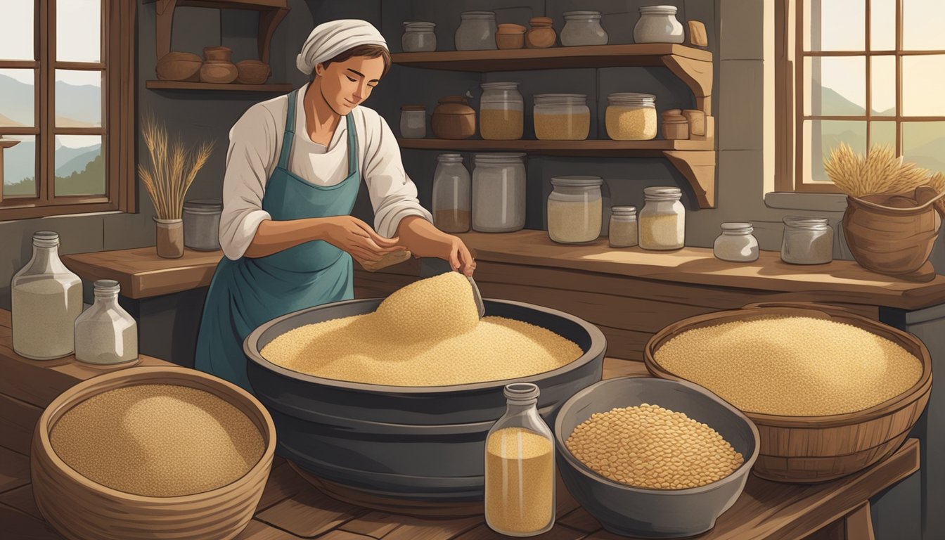 A person gathers barley, water, and yeast to ferment bouza in a rustic kitchen setting