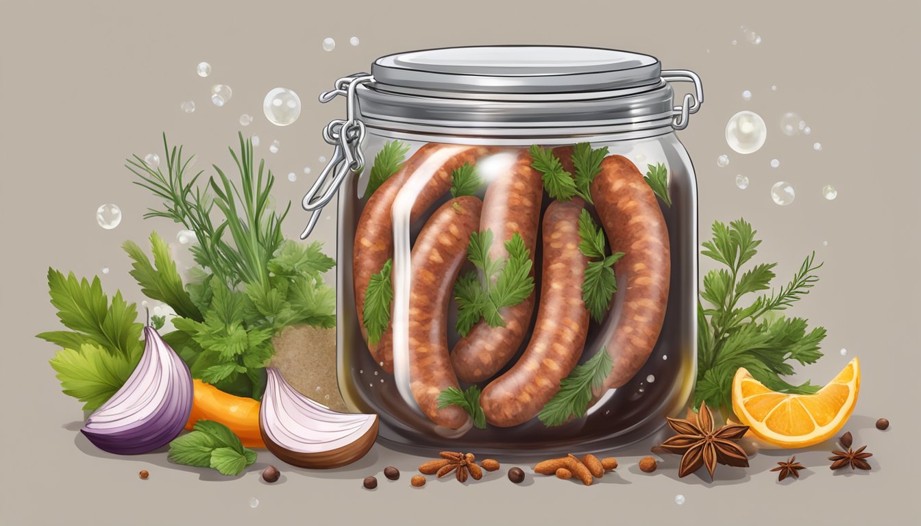 A glass jar filled with sujuk sausage submerged in a brine solution, surrounded by various spices and herbs, with bubbles rising to the surface