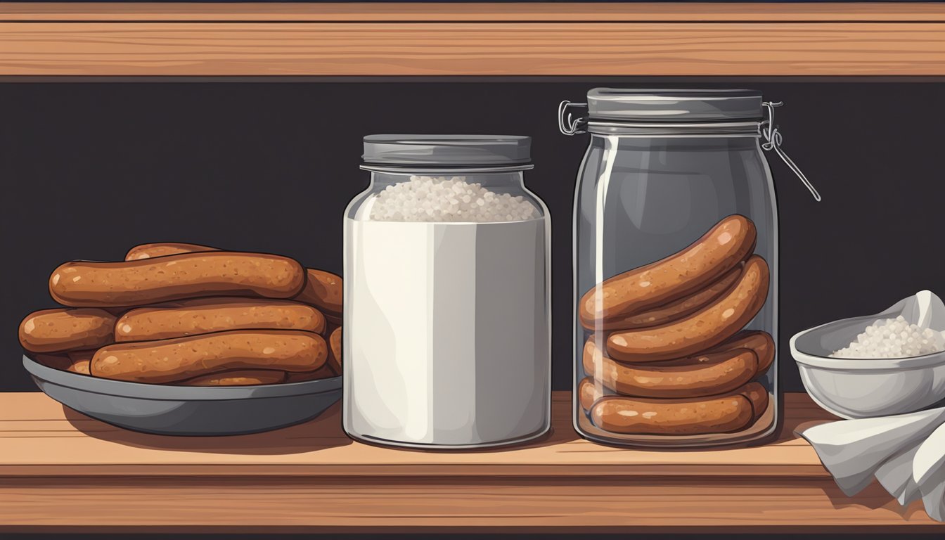 A glass jar filled with sujuk sausages sits on a shelf, covered with a cloth and secured with a rubber band. A small bowl of salt and spices sits nearby