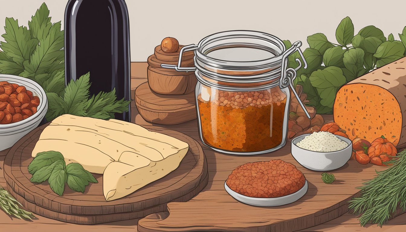 A jar of fermenting nduja surrounded by herbs and spices, with a charcuterie board and wine glasses nearby for pairing ideas